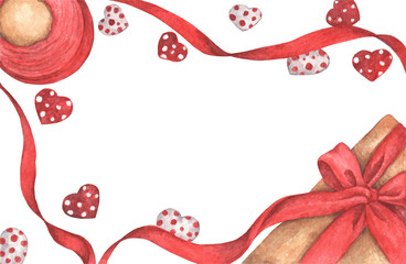 Gift box, satin ribbon rolls red color and chocolate heart. Watercolor illustration.