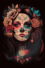 Dia de los Muertos face paint - Woman illustration with flower decoration