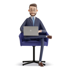 Man working and studying on laptop computer at the minimalist gray armchair. Remote work or online learning concept or digital management. 3d character