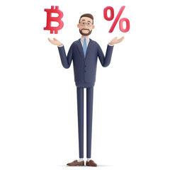 Confused businessman Alex with bitcoin and percent thinking about future. Difficult choice, making decision. 3D design illustration