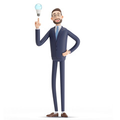 3d Character businessman smart Alex with modern light LED bulb. idea, solution, strategy, creativity innovation and business idea concept. Cartoon minimal style for website or presentation or landing - obrazy, fototapety, plakaty