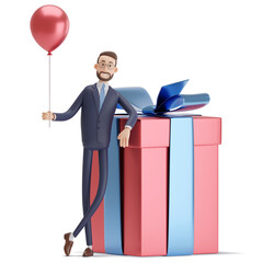 3d illustration. Cartoon man 3d character Alex with red balloon, standing next to a realistic nice big red box gift with blue bow. - obrazy, fototapety, plakaty