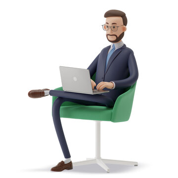3D character smart manager Alex sitting in a design green armchair with laptop. Hi-poly model. Handsome illustration clever character. Online education and freelance concept.