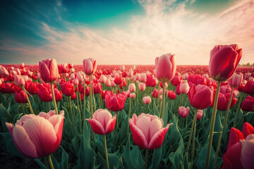 A field of red tulips blooming, spring flowers, Generative AI