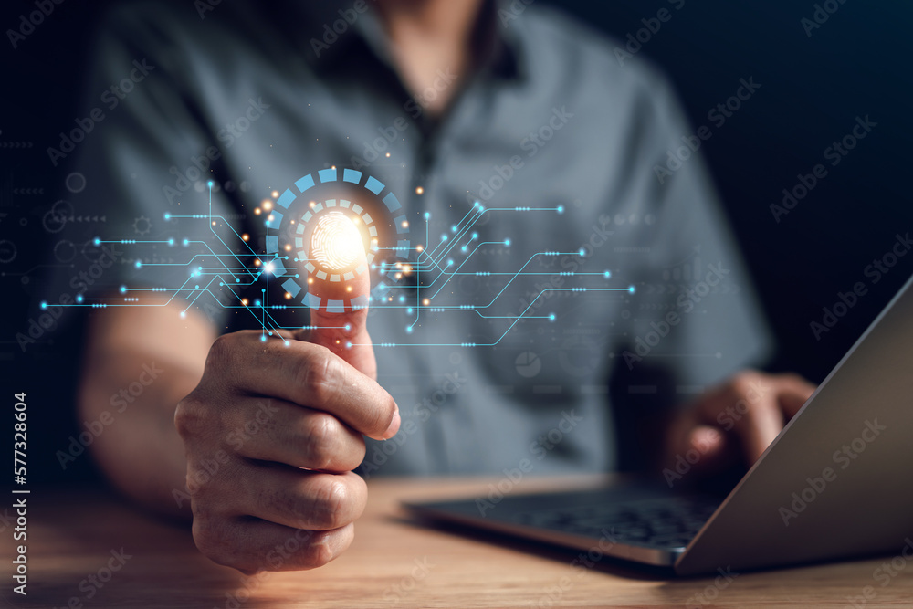 Poster Futuristic digital processing of biometric identification fingerprint scanner. concept of surveillance and security scanning of digital programs cyber futuristic applications