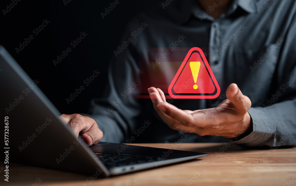 Poster System warning caution sign for notification error and maintenance concept. cyber attack on computer network. Cybersecurity vulnerability, data breach, illegal connection, compromised information.