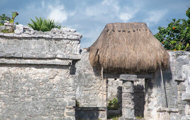 Detail of Mayan Temple with Thatched entrance at Tulum Yucatan Mexico - 577328650