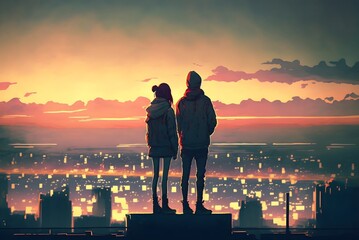 young couple standing on the roof top looking at cityscape at sunset, digital art style, illustration painting, Generative AI