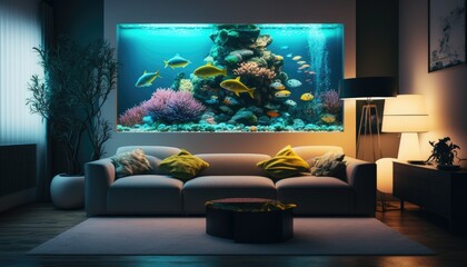 Living room interior design concept with aquarium fishtank. Generative ai illustration.