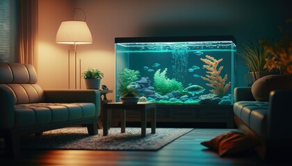 Living room interior design concept with aquarium fishtank. Generative ai illustration.