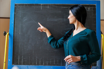 maestra mora  indica un punto nella lavagna  alle sue spalle mentre sta a scuola