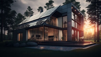 A rural modern house concept with solar panels on the roof and a big garden. Generative AI illustration.