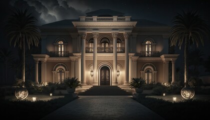 Fototapeta premium Front illustration of a luxuous palace at night. Generative AI.