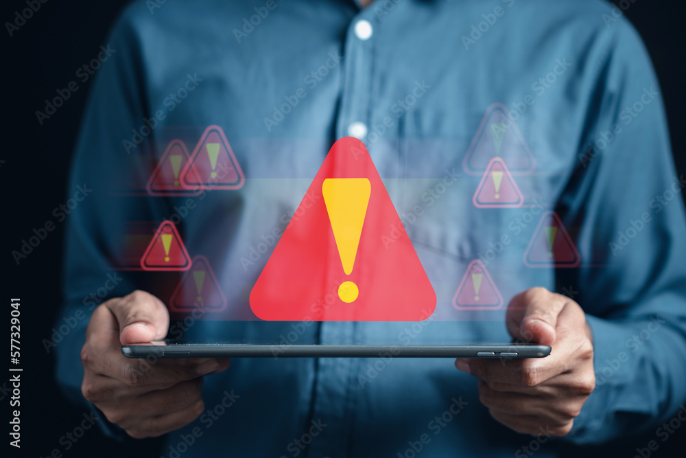 Aufkleber System warning caution sign for notification error and maintenance concept. cyber attack on computer network. Cybersecurity vulnerability, data breach, illegal connection, compromised information.