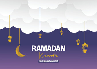 Naklejka premium Ramadan Kareem greeting banner or card design with paper cut ornament of islamic lanterns, moon in golden color. Vector illustration, Place for text