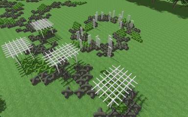 3D illustration of modern landscape architecture. Modular topiary garden with clipped borders in the form of crosses. Background computer rendering of landscape design.