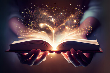 Education and book concept - close up hand holding open book with magic lights. Generative Ai - obrazy, fototapety, plakaty