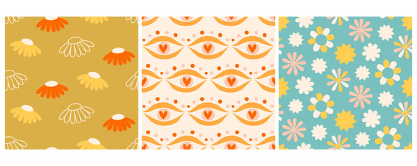 Groovy Summer Flowers Seamless Pattern Set