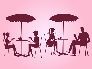 
vector illustration depicting silhouettes of people sitting in summer coffee at tables under umbrellas for decorating cafe interiors, stages and for printing on postcards and booklets