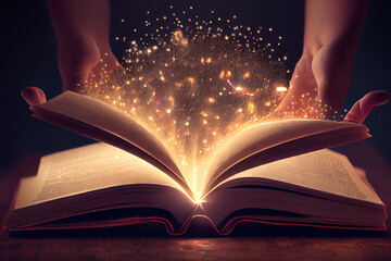 Wonderful Education and book concept - close up hand holding open book with magic lights. Generative Ai