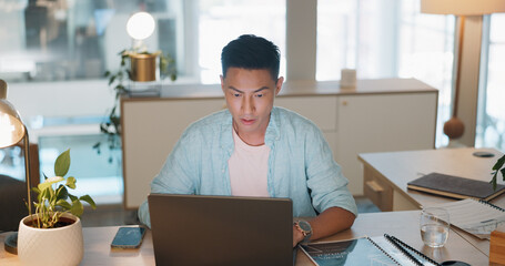Thinking, data analysis or business asian man with computer for company growth, social network or marketing SEO target review. Innovation, startup or manager with tech for social media analytics targ