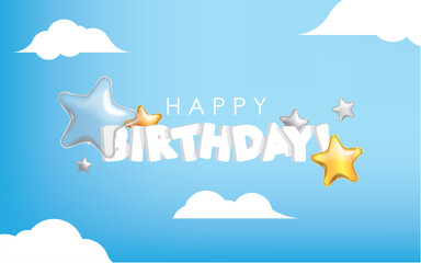 Blue Sky Happy Birthday with Star Shape Balloons and Clouds Vector Illustration