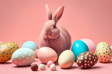 Pastel Easter bunny rabbit with colorful painted eggs on a pink background. Easter holiday concept. Generative AI.