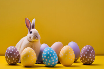 Fototapeta na wymiar Easter bunny rabbit with colorful painted eggs on a yellow background. Easter holiday concept. Generative AI.