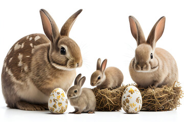 Obraz premium Cute family of Easter rabbits and babies bunnies on a white background. Easter holiday concept. Generative AI.