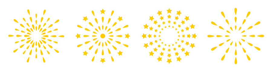 Fireworks vector set. Petard, stars, festival and event, celebrate and party, happy new year. Vector illustration