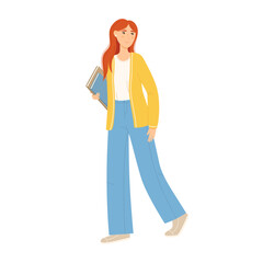 Young woman holding books and notebooks isolated on white background. Smiling student walking and carry studentbooks. Colorful flat vector illustration