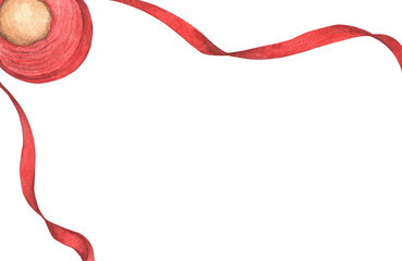 Satin ribbon roll red color and long ribbon. Hand painted watercolor illustration.