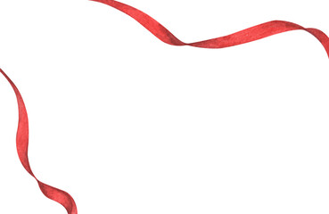 Satin ribbon roll red color and long ribbon. Hand painted watercolor illustration.