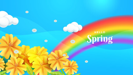 Fototapeta na wymiar Beautiful light blue spring landscape with rainbow. vector design