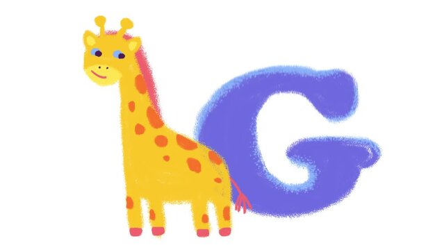 Giraffe, hippopotamus and iguana are drawn on a white background. The letters G, H and I appear.