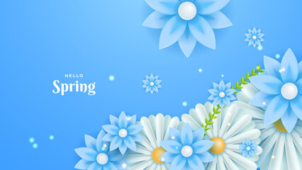 Spring pastel blue background with flowers in flat style