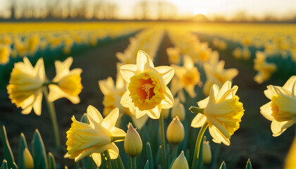 Beautiful Daffodil, Narcissus In the field  on a bright Spring sunny day. Call For spring- Spring its here Generative AI
