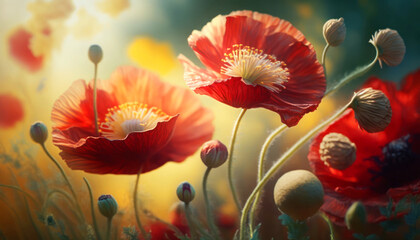 Beautiful Red Poppy In the field  on a bright Spring sunny day. Call For spring- Spring its here Generative AI