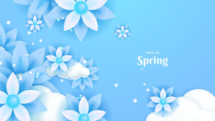 Paper style spring background vector. Blue floral illustration background
