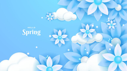 Paper style spring background vector. Blue floral illustration background