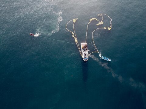 Tuna Fishing Boat In The Open Sea Carrying Out Work Maneuvers