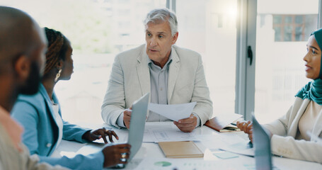 Obraz premium Business meeting, diversity team and people talking, planning and brainstorming in collaboration at corporate office. Accounting inclusion men and women at table for finance, budget report and growth