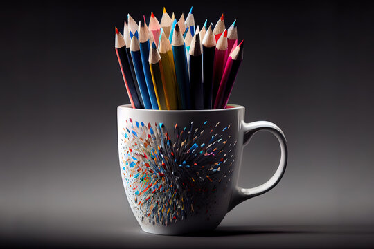 Colored pencils in a pencil case, selective focus. Generative Ai