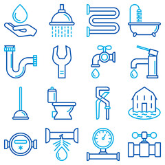 Plumbing thin line icons set of bathtub, toilet, shower, pipe, wrench, drop, leakage, water meter, plunger, faucet. Modern vector illustration.