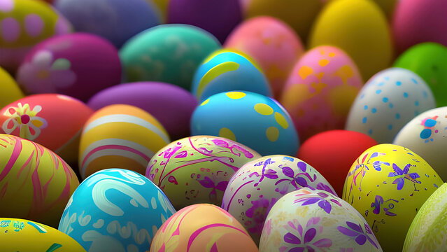 Group of colorful painted easter eggs. Easter illustration background. (Generative AI)