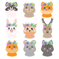 Portraits of cute animals with wreaths of flowers in cartoon style. Rabbit, deer, owl, racoon, bear, wolf, mouse, squirrel and fox. Illustration on transparent background