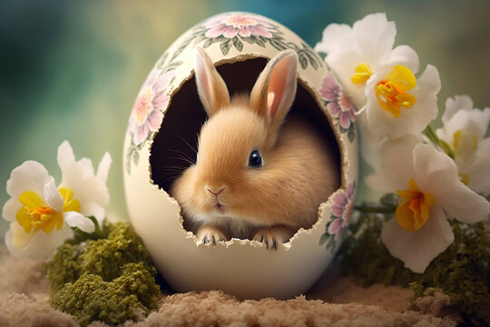 Cute Easter bunny hidding in an Easter egg. Generative AI
