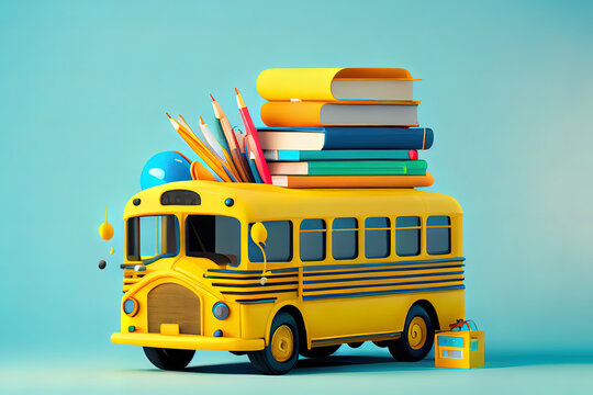 Back to school with school supplies and equipment school bus. Generative Ai