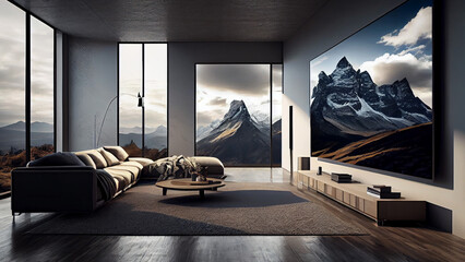 modern living room interior design with mountain view