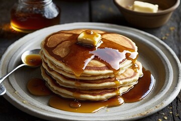Delicious pancakes topped with honey. Perfect meal for the breakfast. Generative AI